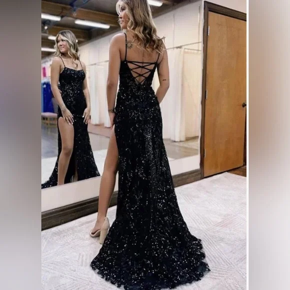 New Sparkly Sequin Mermaid Dress Spaghetti Straps Formal Evening Dress Slit - Picture 2 of 7